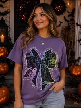 Purple Halloween Graphic Tee with Bow and Spooky Motifs